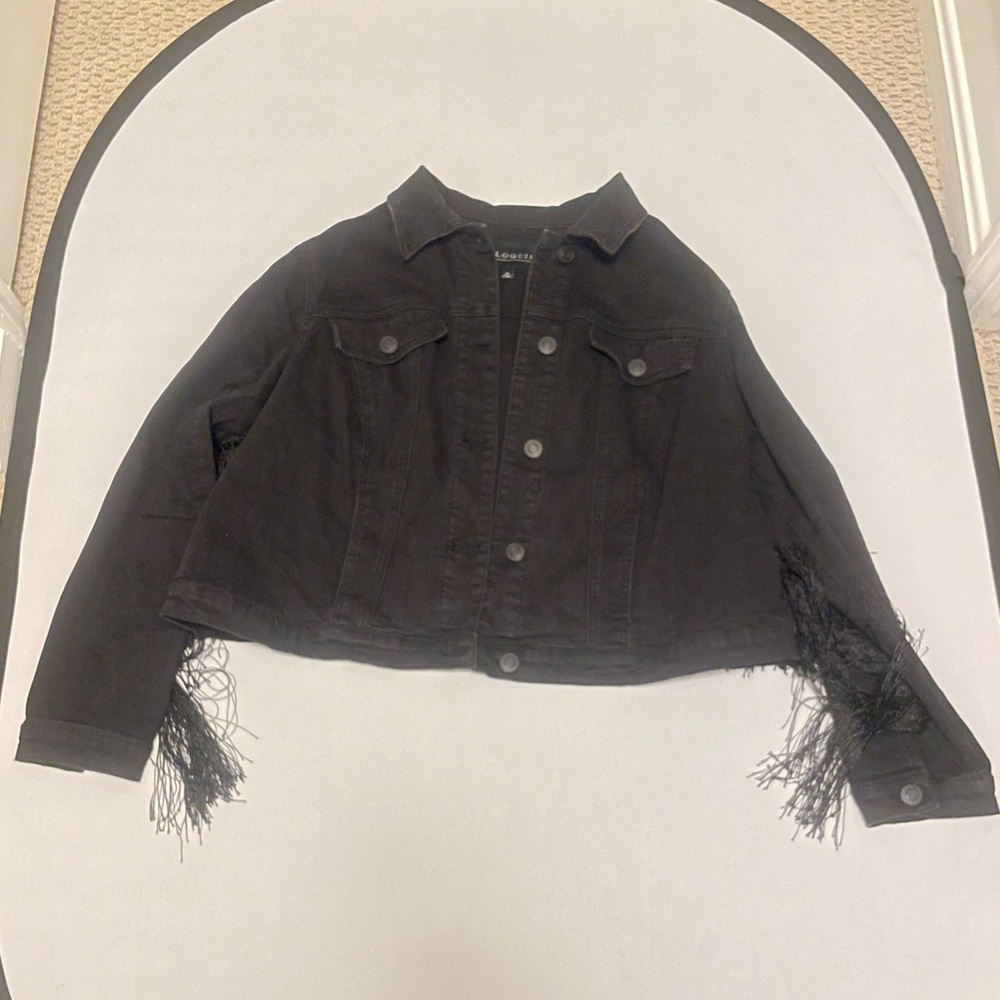 Eloquii Black Jean Jacket with Fringe